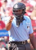 Home Plate umpire C.B. Bucknor calls a strike on Chicago White Sox batter Gavin Sheets in the third inning during a game with the St. Louis Cardinals at Busch Stadium in St. Louis on Saturday, May 4, 2024. Photo by Bill Greenblatt