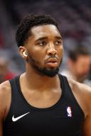 Cleveland Cavaliers guard Donovan Mitchell (45) warms up before the Cavaliers opening round Eastern Conference game 7 against the Orlando Magic at Rocket Mortgage Fieldhouse in Cleveland, Ohio Sunday May, 5, 2024. Photo by Aaron Josefczyk