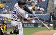 Colorado Rockies outfielder Sean Bouchard (12) doubles in the ninth inning of the Pittsburgh Pirates 5-3 win at PNC Park on Sunday May 5, 2024 in Pittsburgh. Photo by Archie Carpenter