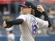 Colorado Rockies pitcher Ryan Feltner (18) starts against the Pittsburgh Pirates at PNC Park on Sunday May 5, 2024 in Pittsburgh. Photo by Archie Carpenter