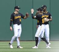 Pittsburgh Pirates Outfielders celebrates the 5-3 win against the Colorado Rockies at PNC Park on Sunday May 5, 2024 in Pittsburgh. Photo by Archie Carpenter