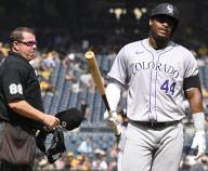 Colorado Rockies first base Elehuris Montero (44) reacts to umpire Doug Eddings (88) strike three call in the eight inning of the Pittsburgh Pirates 5-3 win at PNC Park on Sunday May 5, 2024 in Pittsburgh. Photo by Archie Carpenter