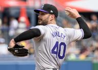 Colorado Rockies pitcher Tyler Kinley (40) throws in the seventh inning of the Pittsburgh Pirates 5-3 win at PNC Park on Sunday May 5, 2024 in Pittsburgh. Photo by Archie Carpenter