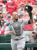 Chicago White Sox catcher Martin Maldonado shows the baseball after making a catch in foul territory on a ball hit by St. Louis Cardinals Masyn Winn in the third inning at Busch Stadium in St. Louis on Sunday, May 5, 2024. Photo by Bill Greenblatt