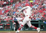 St. Louis Cardinals Jose Fermin swings, hitting an infield single in the first inning against the New York Mets at Busch Stadium in St. Louis on Monday, May 6, 2024. Photo by Bill Greenblatt