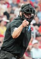 Home plate umpire Jordan Baker calls a strike on St. Louis Cardinals Masyn Winn during a game with the New York Mets in the fifth inning at Busch Stadium in St. Louis on Monday, May 6, 2024. Photo by Bill Greenblatt