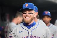 New York Mets Harrison Bader laughs with teammates in the dugout in the third inning against the St. Louis Cardinals at Busch Stadium in St. Louis on Monday, May 6, 2024. Photo by Bill Greenblatt