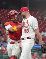 St. Louis Cardinals catcher Ivan Herrera congratulates pitcher Chris Roycroft after the ninth inning against the New York Mets at Busch Stadium in St. Louis on Tuesday, May 7, 2024. Photo by Bill Greenblatt
