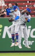 New York Mets outfielders (L to R) Harrison Bader, Brandon Nimmo and Sterling Marte celebrate a 7-5 win over the St. Louis Cardinals at Busch Stadium in St. Louis on Tuesday, May 7, 2024. Photo by Bill Greenblatt