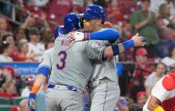 New York Mets Brandon Nimmo (R) is hugged by teammate Tomas Nico at home plate after hitting a three run home run in the fifth inning at Busch Stadium in St. Louis on Tuesday, May 7, 2024. Photo by Bill Greenblatt