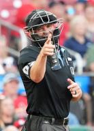Home Plate umpire Dan Merzel calls a strike on St. Louis Cardinals Brendan Donovan in the third inning during a game with the New York Mets at Busch Stadium in St. Louis on Tuesday, May 7, 2024. Photo by Bill Greenblatt
