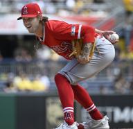 Los Angeles Angels pitcher Adam Cimber (90) throws in the fifth inning against the Pittsburgh Pirates at PNC Park on Wednesday May 8, 2024 in Pittsburgh. Photo by Archie Carpenter