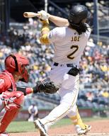 Pittsburgh Pirates outfielder Connor Joe (2) single scores one run in the fifth inning against the Los Angeles Angels at PNC Park on Wednesday May 8, 2024 in Pittsburgh. Photo by Archie Carpenter