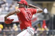 Los Angeles Angels pitcher José Soriano (59) throws in the fifth inning against the Pittsburgh Pirates at PNC Park on Wednesday May 8, 2024 in Pittsburgh. Photo by Archie Carpenter