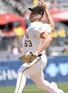 Pittsburgh Pirates pitcher Hunter Stratton (63) throws in the ninth inning of the Los Angeles Angels 5-3 win at PNC Park on Wednesday May 8, 2024 in Pittsburgh. Photo by Archie Carpenter
