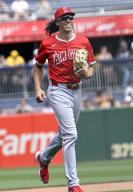 Los Angeles Angels shortstop Cole Tucker (8) smiles as his jogs to the mount during the ninth inning of the Angels 5-4 win at PNC Park on Wednesday May 8, 2024 in Pittsburgh. Photo by Archie Carpenter