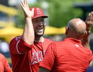 Los Angeles Angels pitcher Carlos Estévez (53) celebrates the Angels 5-4 win against the Pittsburgh Pirates at PNC Park on Wednesday May 8, 2024 in Pittsburgh. Photo by Archie Carpenter
