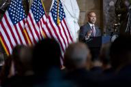 House Minority Leader Hakeem Jeffries, D-NY, speaks during a statue unveiling ceremony for Daisy Gatson Lee Bates, a civil rights leader from Arkansas, in Statuary Hall at the U.S. Capitol in Washington, DC on Wednesday, May 8, 2024. Photo by Bonnie Cash