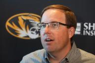 University of Missouri Head Football Coach Elias Drinkwitz speaks with reporters prior to the Come Home Tour Mizzou Event in St. Charles, Missouri on Thursday, May 9, 2024.The pep rally brought alumni together to meet Laird Veatch, the school