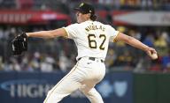 Pittsburgh Pirates pitcher Kyle Nicolas (62) throws in the fifth inning and walks in three Chicago Cubs runs at PNC Park on Saturday May 11, 2024 in Pittsburgh. Photo by Archie Carpenter