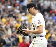 Pittsburgh Pirates pitcher Paul Skenes (30) departs the game in the top of the fifth inning of his MLB debut against the Chicago Cubs at PNC Park on Saturday May 11, 2024 in Pittsburgh. Photo by Archie Carpenter
