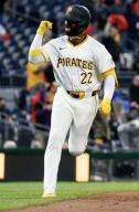 Pittsburgh Pirates outfielder Andrew McCutchen (22) rounds third following his homers in the sixth inning of the Pirates 10-9 win against the Chicago Cubs at PNC Park on Saturday May 11, 2024 in Pittsburgh. Photo by Archie Carpenter