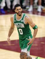 Boston Celtics Jason Tatum reacts after play against the Cleveland Cavaliers in the first half of the Eastern Conference semi finals game 4 at Rocket Mortgage Fieldhouse in Cleveland, Ohio Monday May, 13, 2024. Photo by Aaron Josefczyk