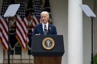 President Joe Biden speaks during an event in the Rose Garden at the White House in Washington, DC on Tuesday, May 14, 2024. The President announced increased tariffs on certain goods imported from China like aluminum and steal as well as a significant increase on Chinese electric vehicles. Photo by Bonnie Cash