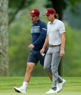 Lucas Herbert (L) and Cameron Smith (R) both from Australia talk as the walk down the tenth fairway during the second practice day for the 2024 PGA Championship at Valhalla Golf Course on Tuesday, May 14, 2024 in Louisville, Kentucky. Photo by John Sommers II