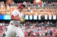 St. Louis Cardinals Lars Nootbaar rounds third base after hitting a two run home run in the first inning against the Boston Red Sox at Busch Stadium in St. Louis on Friday, May 17, 2024. Photo by Bill Greenblatt