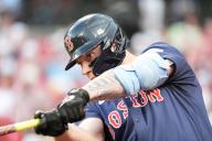 Boston Red Sox Tyler O\'Neill takes practice swings while on the on deck circle in the second inning against the St. Louis Cardinals at Busch Stadium in St. Louis on Friday, May 17, 2024. Photo by Bill Greenblatt