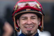 Jockey Yomar Ortiz smiles after winning the Old Friends race with three-year-old Desvio at the Pimlico Race Course in Baltimore, Maryland on Saturday, May 18, 2024. Photo by Bonnie Cash