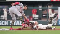 Boston Red Sox Vaughn Grissom puts the tag on St. Louis Cardinals Michael Siani as he tries to steal second base in the fifth inning at Busch Stadium in St. Louis on Saturday, May 18, 2024. Photo by Bill Greenblatt