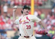 St. Louis Cardfinals Starting Pitcher Miles Mikolas delivers a pitch to the Boston Red Sox in the first inning at Busch Stadium in St. Louis on Saturday, May 18, 2024. Photo by Bill Greenblatt