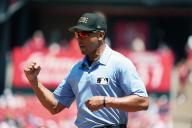 First base umpire Jeremie Rehak signals that Boston Red Sox batter Jarren Duran is out in the third inning during a game with the St. Louis Cardinals at Busch Stadium in St. Louis on Sunday, May 19, 2024. Photo by Bill Greenblatt