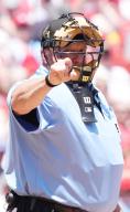Home plate umpire Bruce Dreckman calls a strike on Boston Red Sox batter Rob Refsynder in the first inning during a game with the St. Louis Cardinals at Busch Stadium in St. Louis on Sunday, May 19, 2024. Photo by Bill Greenblatt