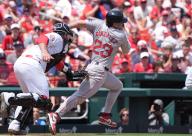 Boston Red Sox Romy Gonzalez is tagged out at home plate by St. Louis Cardinals catcher Pedro Pages as he tries to run back to third base in the fourth inning at Busch Stadium in St. Louis on Sunday, May 19, 2024. Photo by Bill Greenblatt