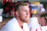 St. Louis Cardinals pitcher Chris Roycroft sits in the dugout after throwing to the Boston Red Sox in the fourth inning at Busch Stadium in St. Louis on Sunday, May 19, 2024. Photo by Bill Greenblatt