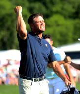 Bryson DeChambeau reacts to his birdie putt on the eighteenth green during the 2024 PGA Championship at Valhalla Golf Course on Sunday, May 19, 2024 in Louisville, Kentucky. Photo by John Sommers II