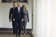 President Joe Biden walks along the colonnade with Vice President Kamala Harris (right) and Second Gentleman Doug Emhoff (left) towards the Rose Garden for a reception celebrating Jewish American Heritage Month at the White House in Washington, DC on Monday, May 20, 2024. The President reiterated his support for the Jewish people following the October 7th terrorist attacks. Photo by Samuel Corum