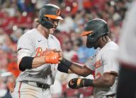 Baltimore Orioles Gunner Hunderson (L) celebrates his three run home run with teammate Jorge Mateo in the sixth inning against the St. Louis Cardinals at Busch Stadium in St. Louis on Monday, May 20, 2024. Photo by Bill Greenblatt