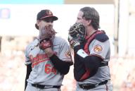 Baltimore Orioles starting pitcher Dean Kremer And Catcher Adley Rutschman speak to one another as they leave the field in the first inning against the St. Louis Cardinals at Busch Stadium in St. Louis on Monday, May 20, 2024. Photo by Bill Greenblatt