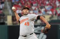 Baltimore Orioles pitcher Albert Suarez delivers a pitch to the St. Louis Cardinals in the fifth inning at Busch Stadium in St. Louis on Monday, May 20, 2024. Photo by Bill Greenblatt