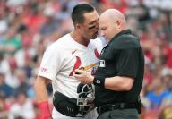 St. Louis Cardinals Lars Nootbaar gets in the face of home plate umpire Mike Estabrook after being called out on strikes in the first inning against the Baltimore Orioles at Busch Stadium in St. Louis on Tuesday, May 21, 2024. Nootbarr was ejected from the game. Photo by Bill Greenblatt