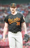 Baltimore Orioles starting pitcher Kyle Bradish leaves the field after the third inning against the St. Louis Cardinals at Busch Stadium in St. Louis on Tuesday, May 21, 2024. Photo by Bill Greenblatt