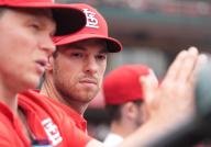 St. Louis Cardinals injured pitcher Steven Matz (R) listens as fellow pitcher Sonny Gray diagrams an idea while in the dugout during a game against the Baltimore Orioles at Busch Stadium in St. Louis on Wednesday, May 22, 2024. Photo by Bill Greenblatt