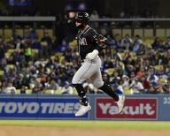 Arizona Diamondbacks Christian Walker (53) rounds the bases after crushing a 417-foot solo home run to left center during the sixth inning at Dodger Stadium in Los Angeles on Wednesday, May 22, 2024. Photo by Jim Ruymen