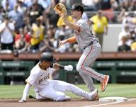 Pittsburgh Pirates second base Nick Gonzales (39) is safe at third base for a triple in the third inning against the San Francisco Giants at PNC Park on Thursday May 23, 2024 in Pittsburgh. Photo by Archie Carpenter
