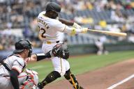 Pittsburgh Pirates outfielder Andrew McCutchen (22) at bat in the third inning against the San Francisco Giants at PNC Park on Thursday May 23, 2024 in Pittsburgh. The Pirates outfielder Andrew McCutchen lead off the game with a solo homer. Photo by Archie Carpenter