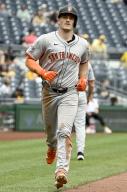San Francisco Giants third base Matt Chapman (26) jogs to home plate following his three run homer in the eighth inning against the Pittsburgh Pirates at PNC Park on Thursday May 23, 2024 in Pittsburgh. Photo by Archie Carpenter